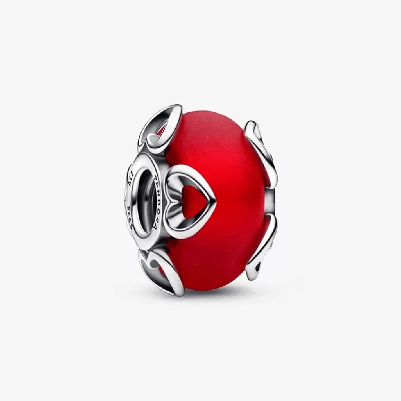 PANDORA : Frosted Red Murano Glass & Hearts Charm