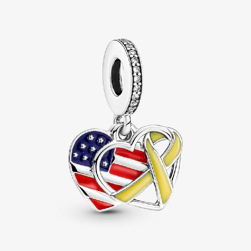 PANDORA : Heart, Flag & Remembrance Ribbon Double Dangle Charm